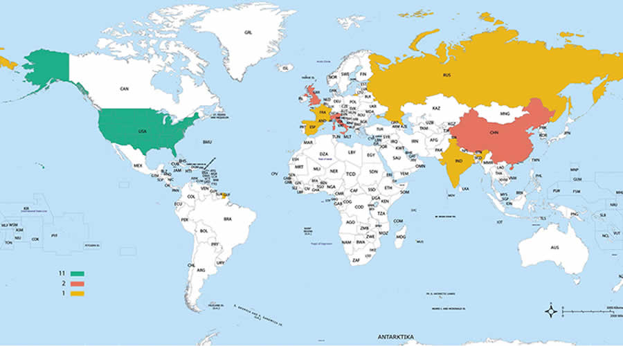 Nosači zrakoplova po zemljama - do 2022. - karta svijeta